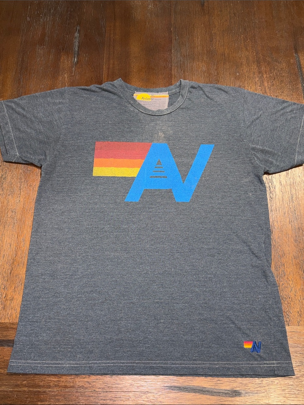 Aviator Nation Gray Short-Sleeve Tee with Blue AV Logo and Red-Yellow Stripe